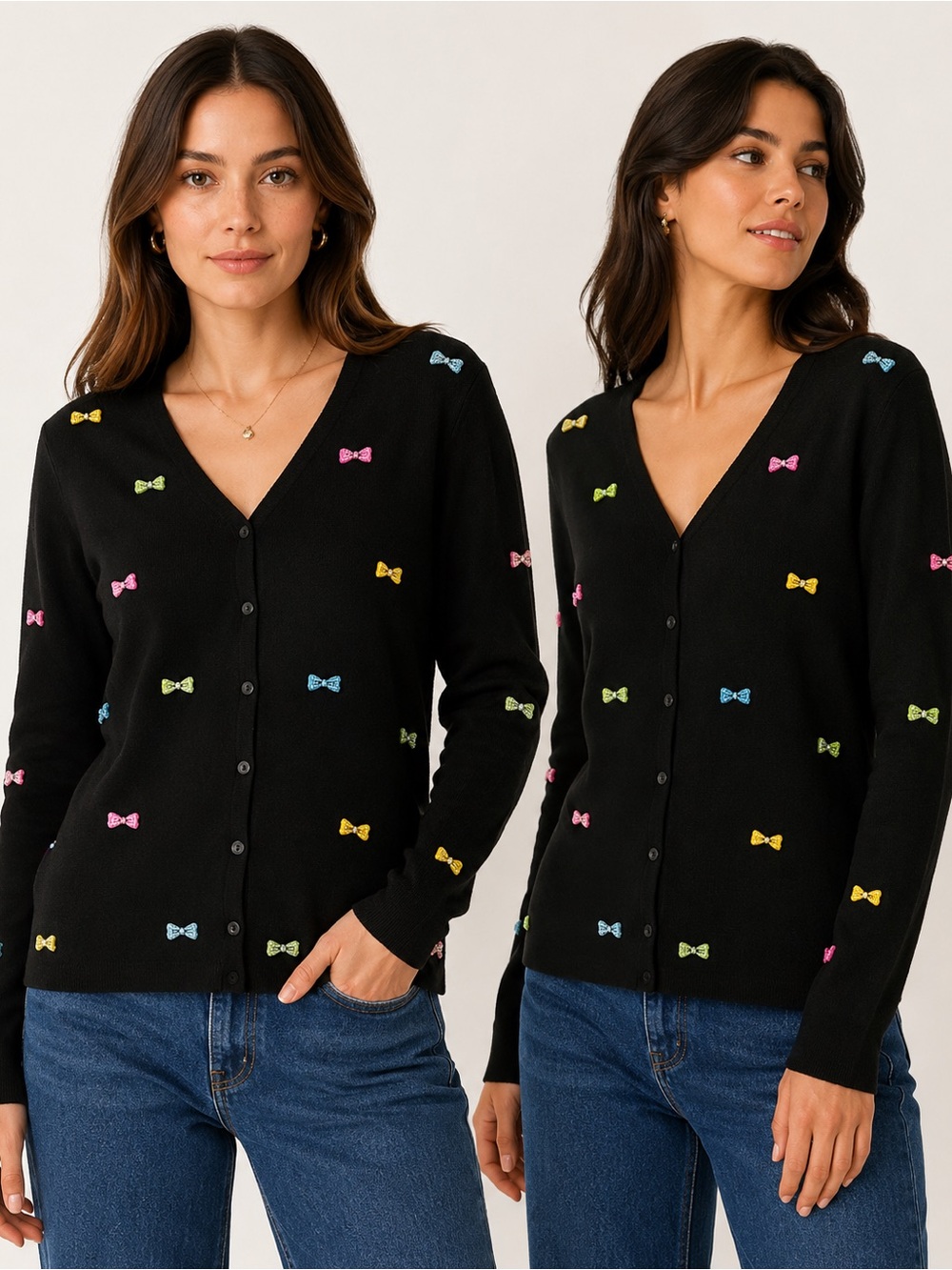 Black V-Neck Button Cardigan with Multicolor Bow Motif